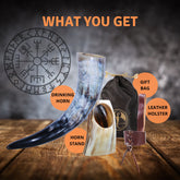 Drinking Horn With Stand, Viking Compass Engraved and Leather Holster